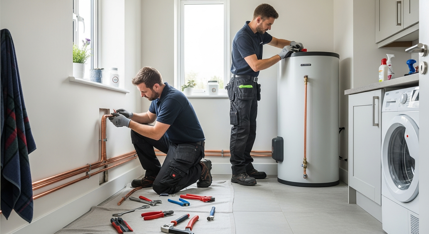 Heat pump engineer installing an air source heat pump unit outside a Scottish home