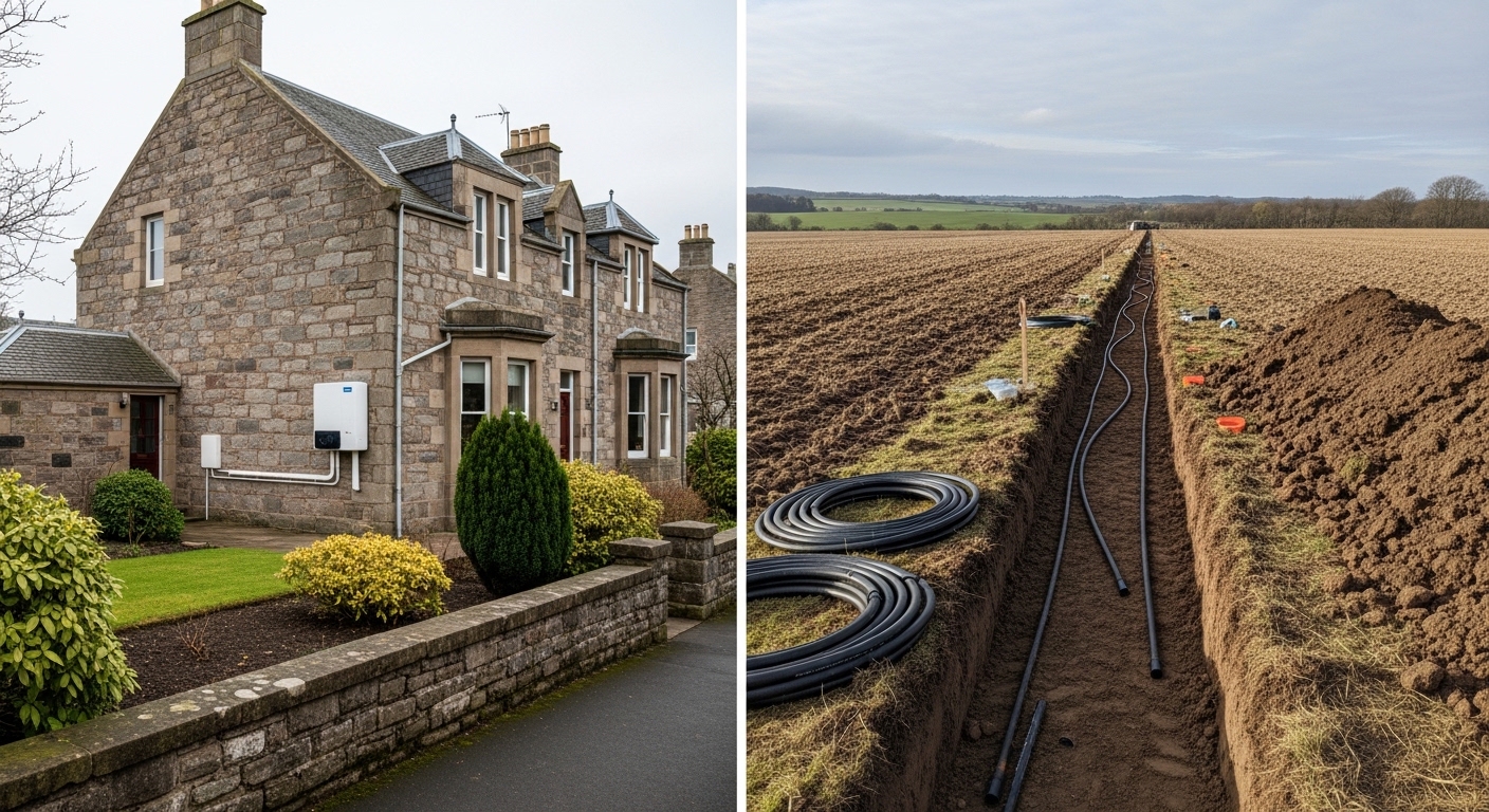 Side-by-side comparison of an air source heat pump unit and a ground source heat pump installation